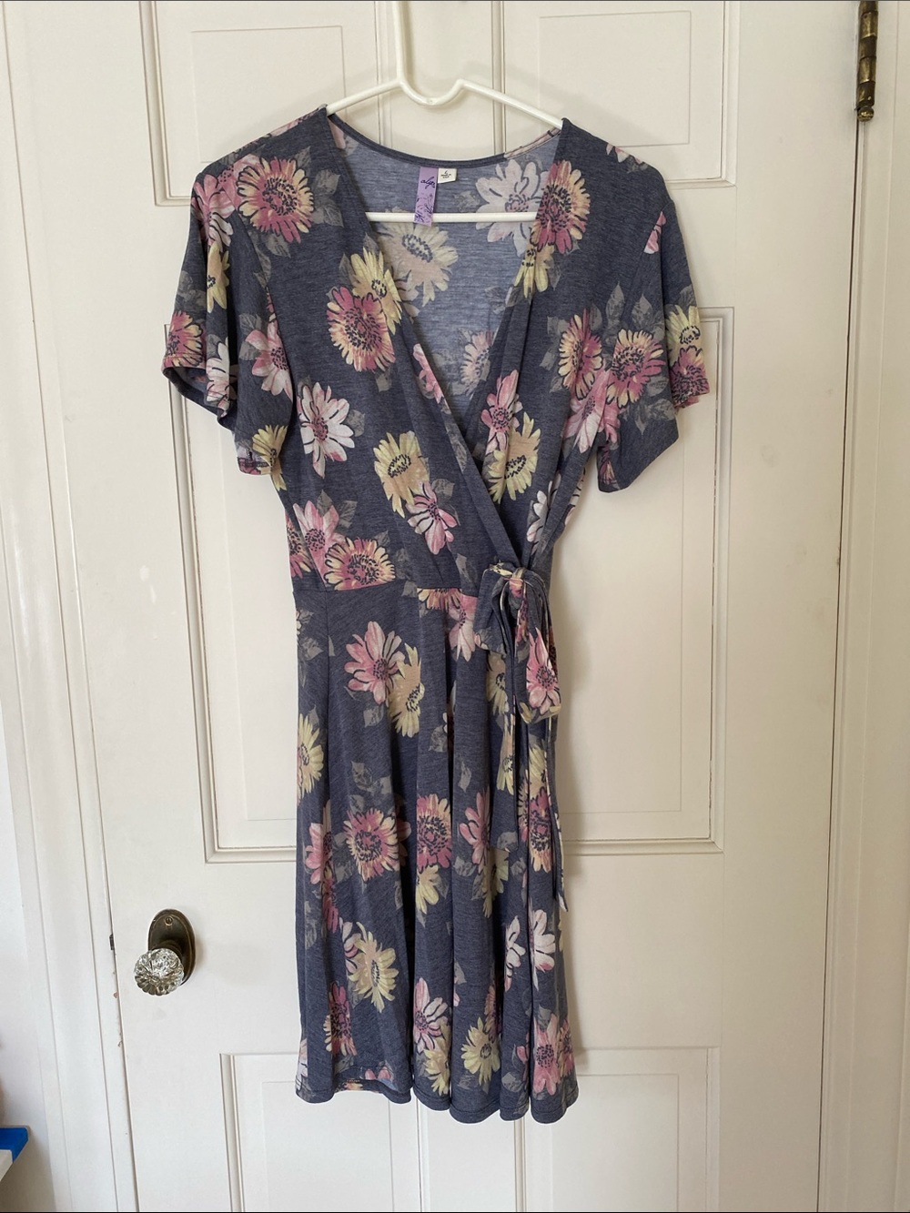 Alya Floral Wrap Midi Dress in Blue with Pink & Cream Blooms
